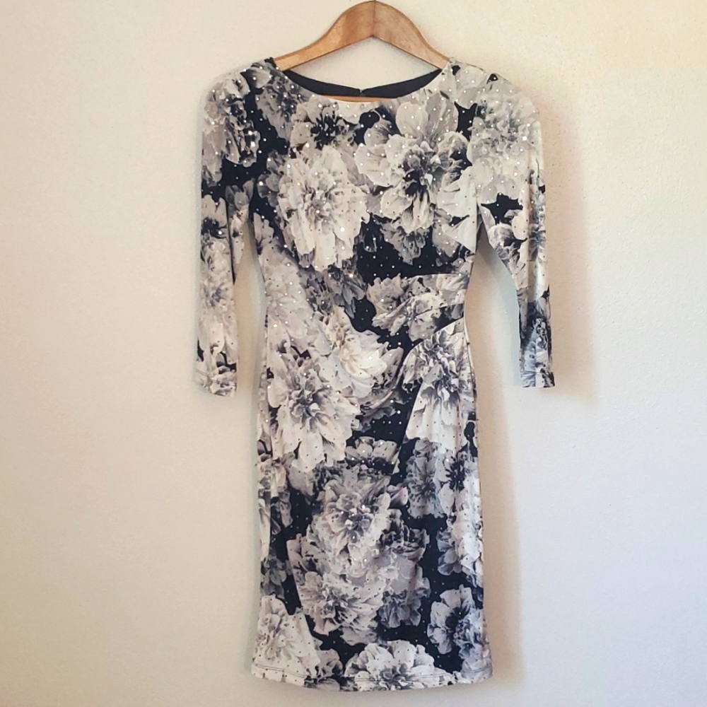 Jessica Howard Floral Midi Dress in Black, Gray, White that SHINES!